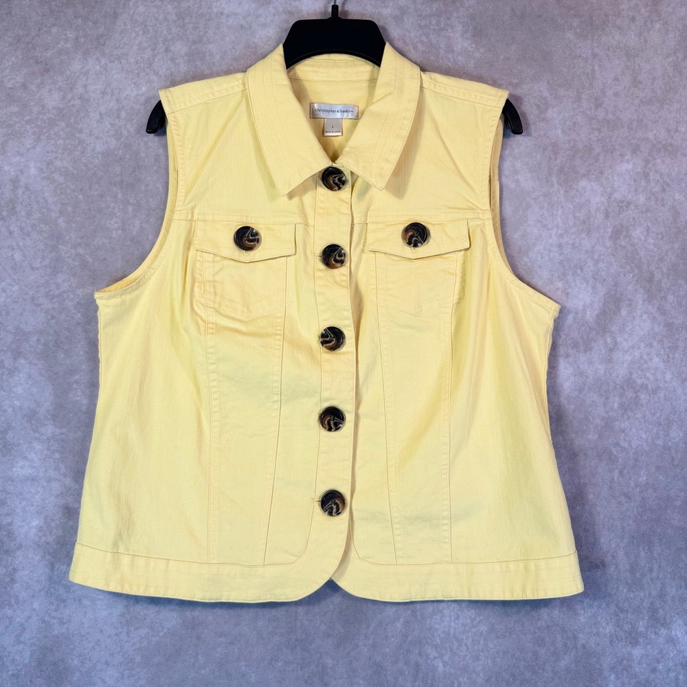 Christopher & Banks Vest Women Large Yellow Solid Button Front Collared Stretch